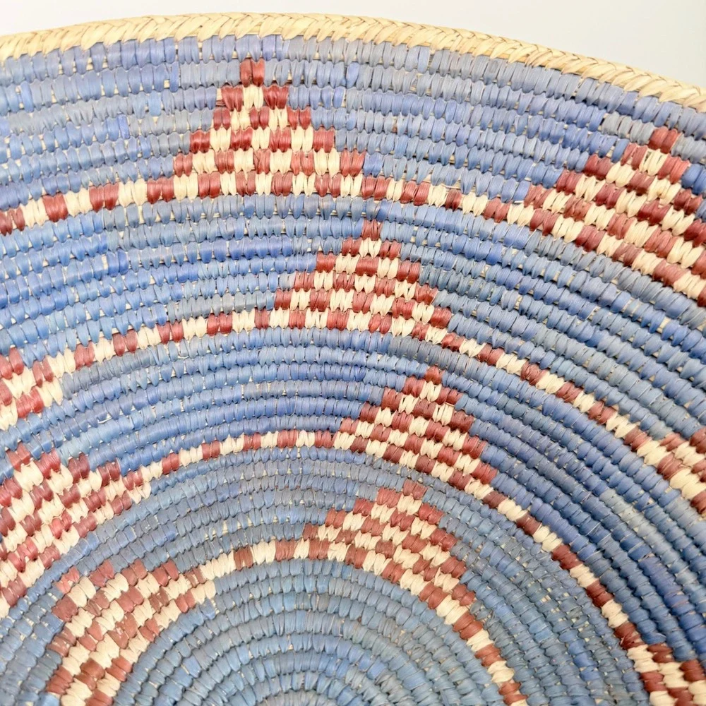 Large Handwoven Coil Basket Bowl Blue Geometric Boho African Decor 15 in Vintae‎
